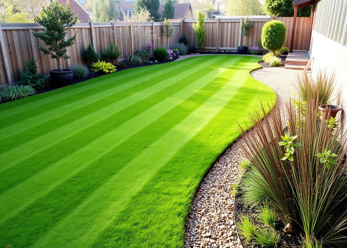 Freshly finished lawn with curved gravel edging and planted borders