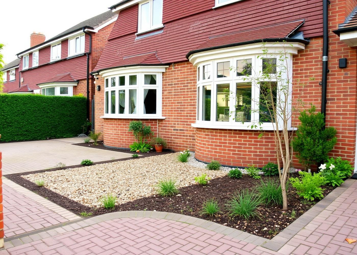 Completed gravel and block-paved front garden entrance with planted beds