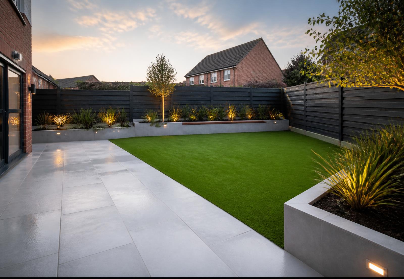 Completed contemporary rear garden with porcelain paving, lawn and planted borders