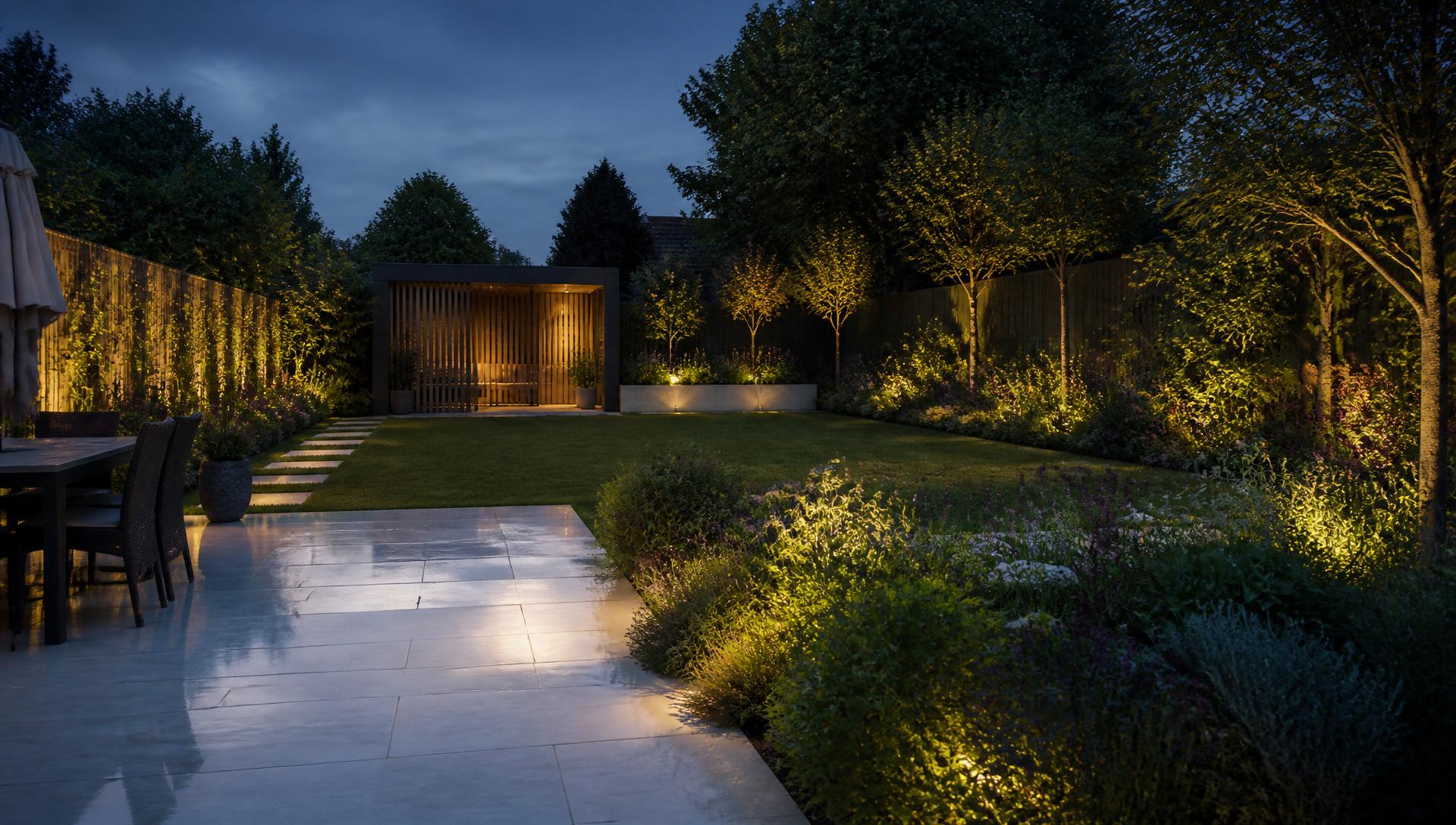 Completed landscaped garden with paving and planting illuminated at dusk